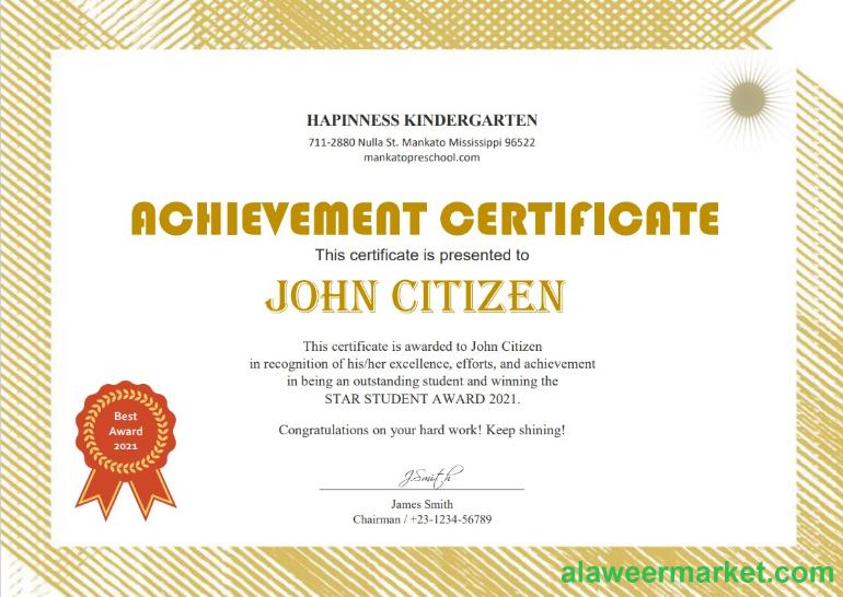 USA Kindergarten certificate template in Word and PDF format